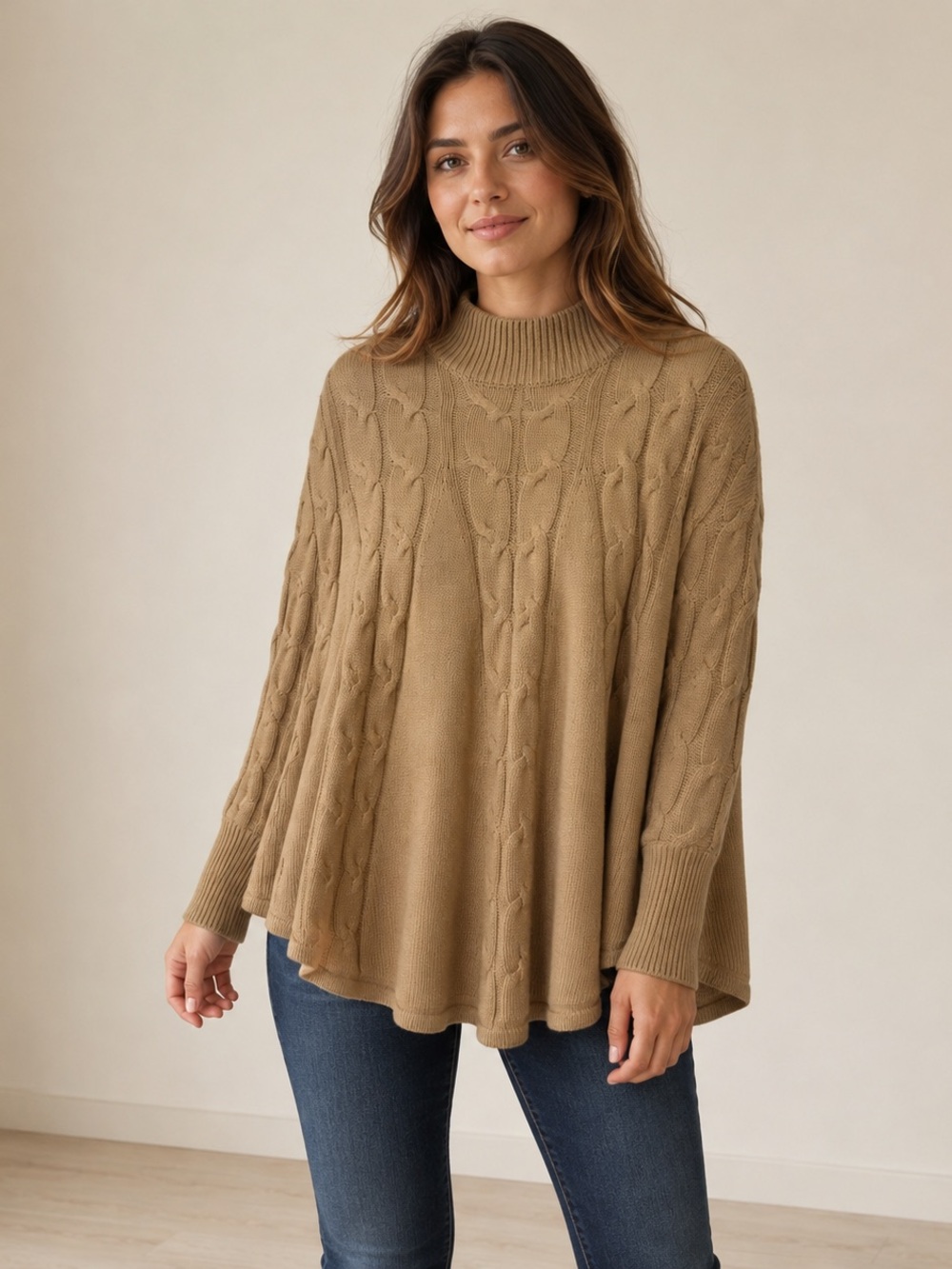Suzy Shier Camel Cable Knit Poncho Sweater Mock Neck M/L